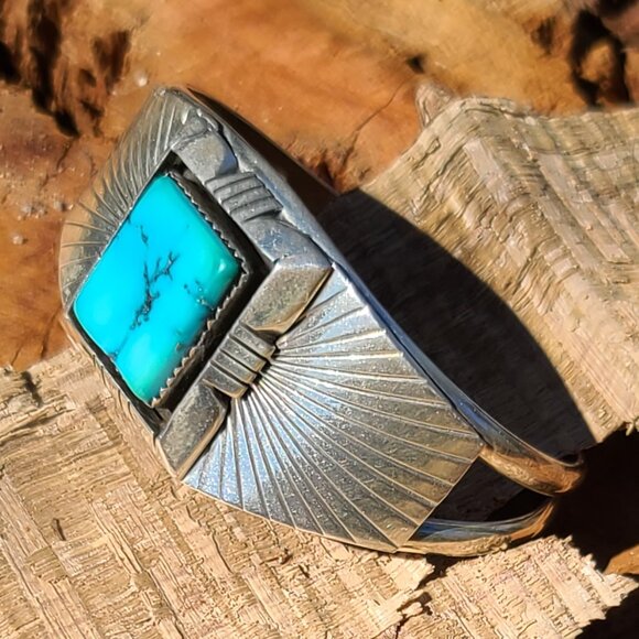 Rare Navajo Signed Leonard Platero .925 Silver Turquoise Cuff - Picture 5 of 7
